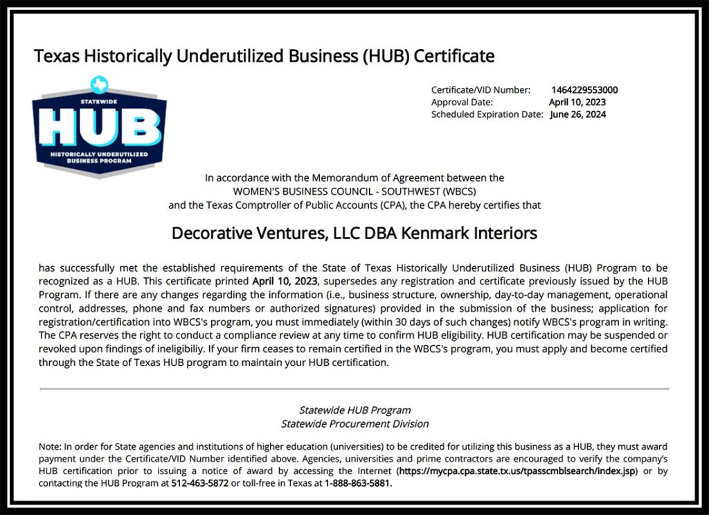 Women’s Business Enterprise and HUB Certification Kenmark Interiors