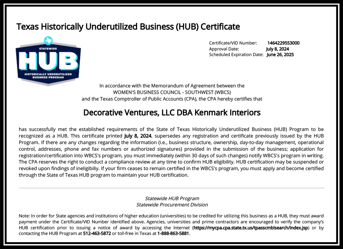 Texas Historically Underutilized Business Certificate (HUB) - Decorative Ventures, LLC DBA Kenmark Interiors 062625