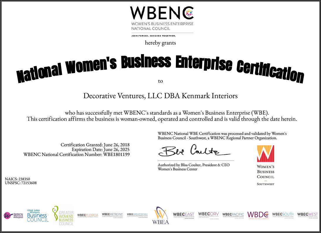 National Women's Business Enterprise Certification - Decorative Ventures, LLC DBA Kenmark Interiors 062625