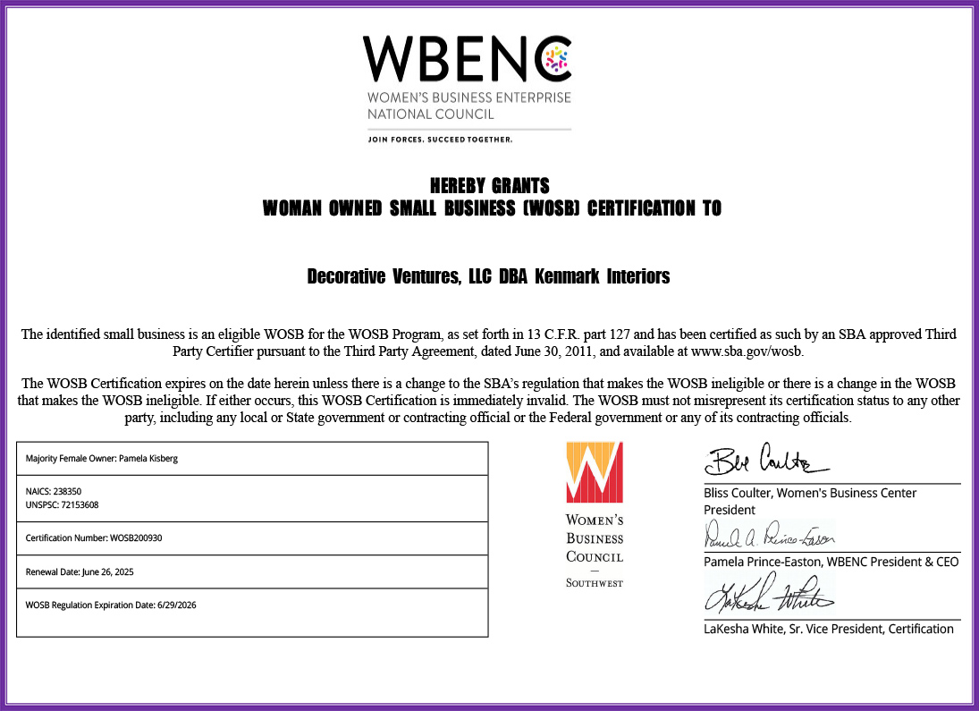 WBENC Woman Owned Small Business (WOSB) Certification - Decorative Ventures, LLC DBA Kenmark Interiors 062925