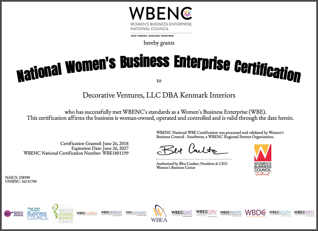 National Women's Business Enterprise Certification - Decorative Ventures, LLC DBA Kenmark Interiors 07 2026